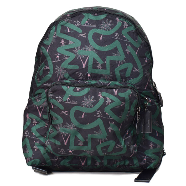 画像1: 【COACH】コーチ バッグ エコバッグ バックパック 折り畳み キースヘリング コラボ フラダンス プリント リュックサック ブラックマルチ〔日本未発売〕 (1)