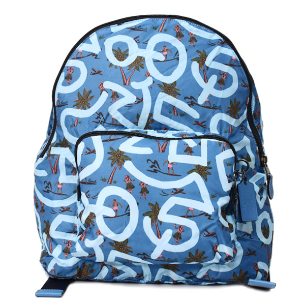 画像1: 【COACH】コーチ バッグ エコバッグ バックパック 折り畳み キースヘリング コラボ フラダンス プリント リュックサック スカイブルーマルチ〔日本未発売〕 (1)