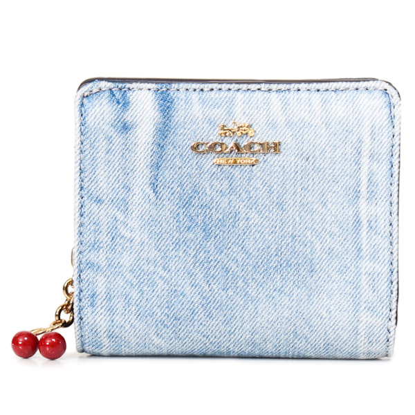 画像1: 【COACH】コーチ 財布 デニム さくらんぼ レザー ロゴ チャーム コンパクト スナップ ウォレット 二つ折り 財布 ライトインディゴ（日本未発売） (1)