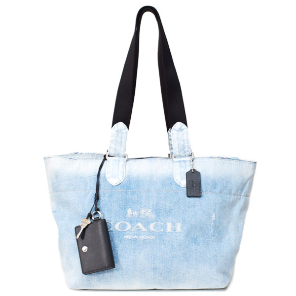 画像1: 【COACH】コーチ バッグ メンズ デニム ヴィンテージ加工 レザー スモール ツアー ダブル ハンドル カードケース 鍵 チャーム付き 2way トートバッグ ハンドバッグ ライトインディゴ〔日本未発売〕 (1)