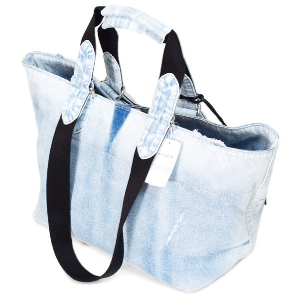 画像: 【COACH】コーチ バッグ メンズ デニム ヴィンテージ加工 レザー スモール ツアー ダブル ハンドル カードケース 鍵 チャーム付き 2way トートバッグ ハンドバッグ ライトインディゴ〔日本未発売〕