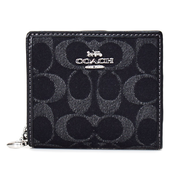 画像1: 【COACH】コーチ 財布 デニム レザー シグネチャー ロゴ コンパクト スナップ ウォレット 二つ折り 財布 ブラック（日本未発売） (1)