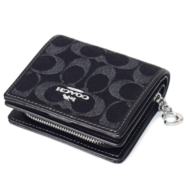 画像: 【COACH】コーチ 財布 デニム レザー シグネチャー ロゴ コンパクト スナップ ウォレット 二つ折り 財布 ブラック（日本未発売）