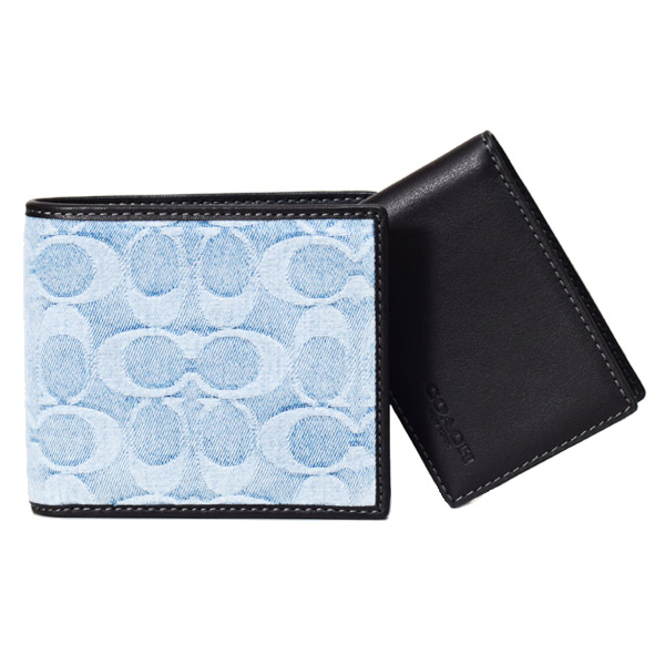 画像1: 【COACH】コーチ 財布 メンズ デニム レザー シグネチャー コンパクト ID カードケース付き 2点セット 二つ折り財布 ライトインディゴ（日本未発売） (1)