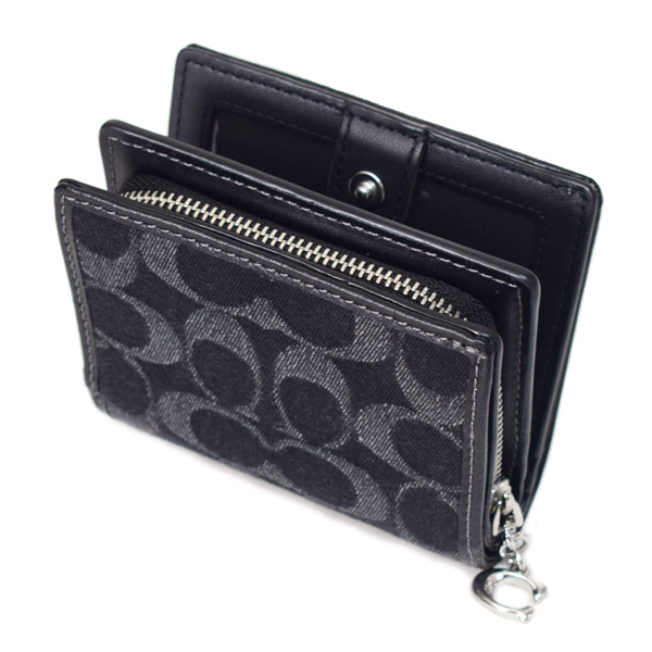 画像: 【COACH】コーチ 財布 デニム レザー シグネチャー ロゴ コンパクト スナップ ウォレット 二つ折り 財布 ブラック（日本未発売）