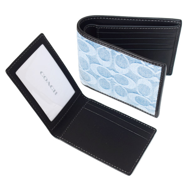 画像: 【COACH】コーチ 財布 メンズ デニム レザー シグネチャー コンパクト ID カードケース付き 2点セット 二つ折り財布 ライトインディゴ（日本未発売）