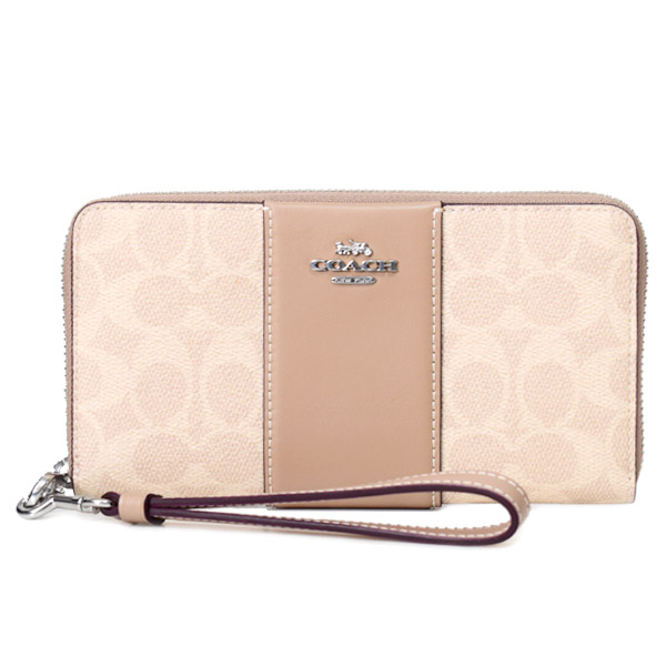 画像1: 【COACH】コーチ 長財布 コーティングキャンバス レザー シグネチャー ロゴ ストライプ リストレット ロング ジップ  アラウンド 長財布 サンド×トープ（日本未発売） (1)
