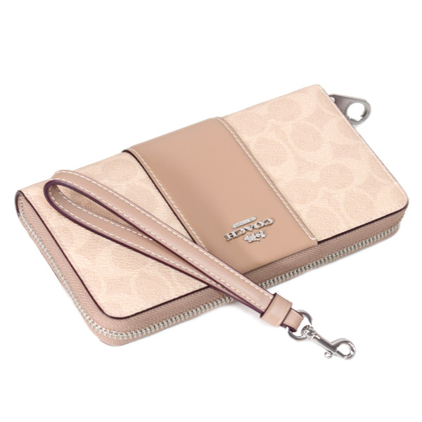画像: 【COACH】コーチ 長財布 コーティングキャンバス レザー シグネチャー ロゴ ストライプ リストレット ロング ジップ  アラウンド 長財布 サンド×トープ（日本未発売）