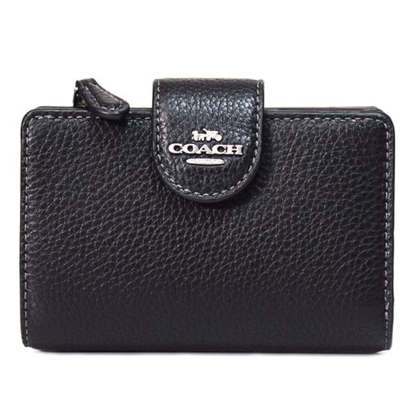 画像1: 【COACH】コーチ 財布 ぺブルレザー ロゴ ミディアム コーナー ジップ ウォレット 二つ折り財布 シルバー×ブラック（日本未発売） (1)