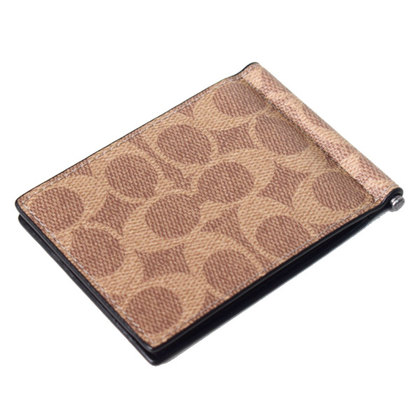 画像: 【COACH】コーチ 財布 メンズ コーティングキャンバス レザー シグネチャー マネークリップ スリム ビルフォールド 二つ折り カードケース 財布 タン×ブラック（日本未発売）