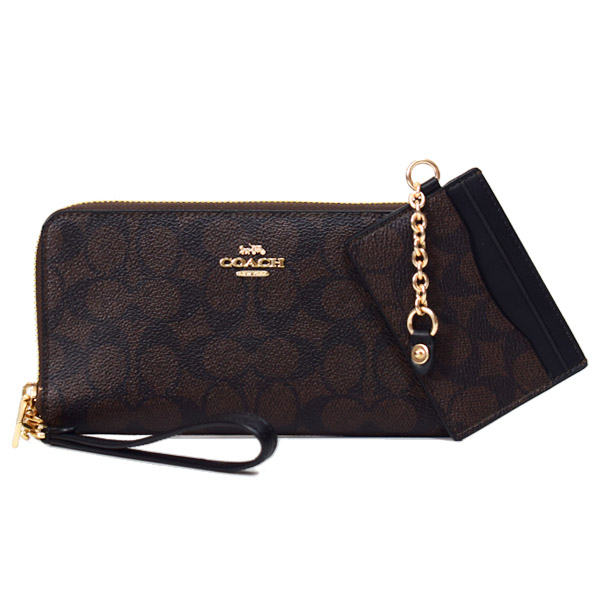 画像1: 【COACH】コーチ 長財布 コーティングキャンバス レザー シグネチャー デタッチャブル カードケース付き リストレット ロング ジップ アラウンド 長財布 ウォルナット×ブラック〔日本未発売〕 (1)