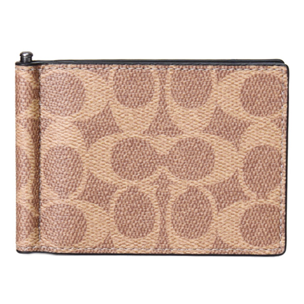 画像1: 【COACH】コーチ 財布 メンズ コーティングキャンバス レザー シグネチャー マネークリップ スリム ビルフォールド 二つ折り カードケース 財布 タン×ブラック（日本未発売） (1)