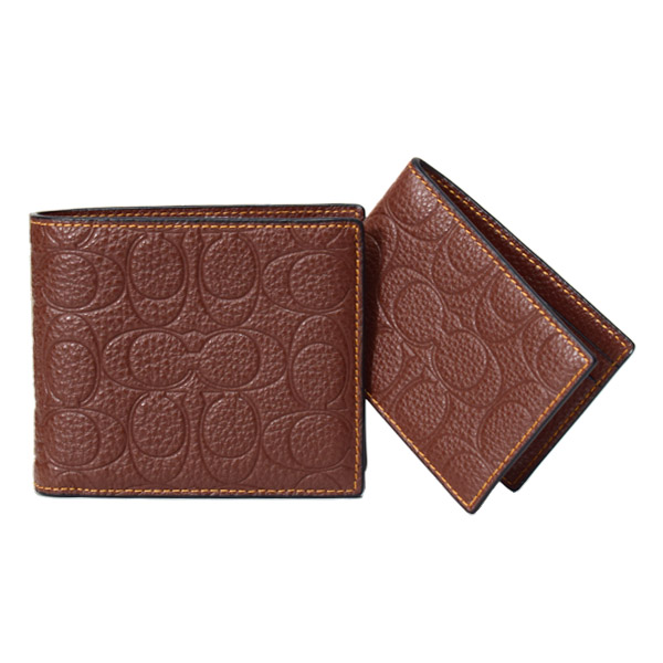 画像1: 【COACH】コーチ 財布 メンズ レザー シグネチャー 型押し スリーインワン コンパクト ID カードケース付き 2点セット 二つ折り財布 ビンテージブラウン（日本未発売） (1)