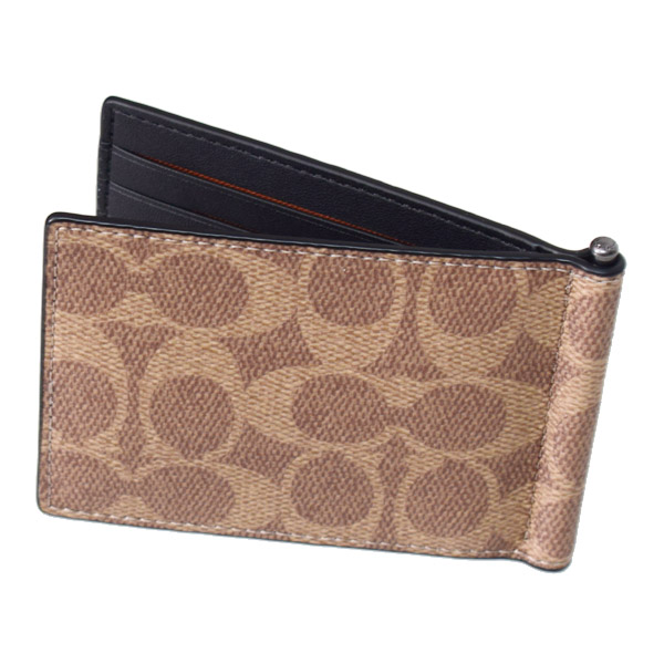 画像: 【COACH】コーチ 財布 メンズ コーティングキャンバス レザー シグネチャー マネークリップ スリム ビルフォールド 二つ折り カードケース 財布 タン×ブラック（日本未発売）