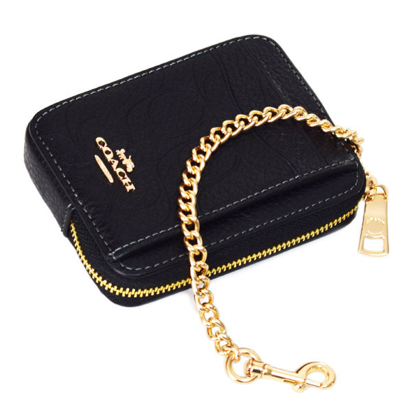 画像: 【COACH】コーチ コインケース ぺブルレザー シグネチャー 型押し チェーン ジップ カードケース カードポーチ 定期入れ 名刺入れ 小銭入れ ブラック（日本未発売）