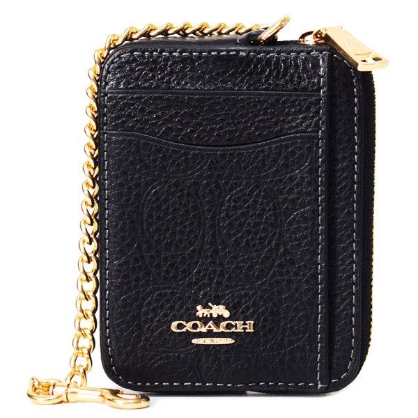 画像1: 【COACH】コーチ コインケース ぺブルレザー シグネチャー 型押し チェーン ジップ カードケース カードポーチ 定期入れ 名刺入れ 小銭入れ ブラック（日本未発売） (1)