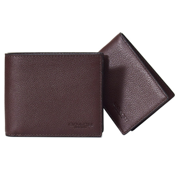 画像1: 【COACH】コーチ 財布 メンズ レザー ロゴ スリーインワン ウォレット コンパクト ID カードケース付き 2点セット 二つ折り財布 マホガニー（日本未発売） (1)