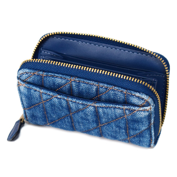 画像: 【COACH】コーチ カードケース デニム レザー キルティング ロゴ スモール ジップ アラウンド スクエア スリム コインケース ディープブルー（日本未発売）