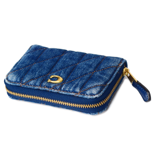画像: 【COACH】コーチ カードケース デニム レザー キルティング ロゴ スモール ジップ アラウンド スクエア スリム コインケース ディープブルー（日本未発売）