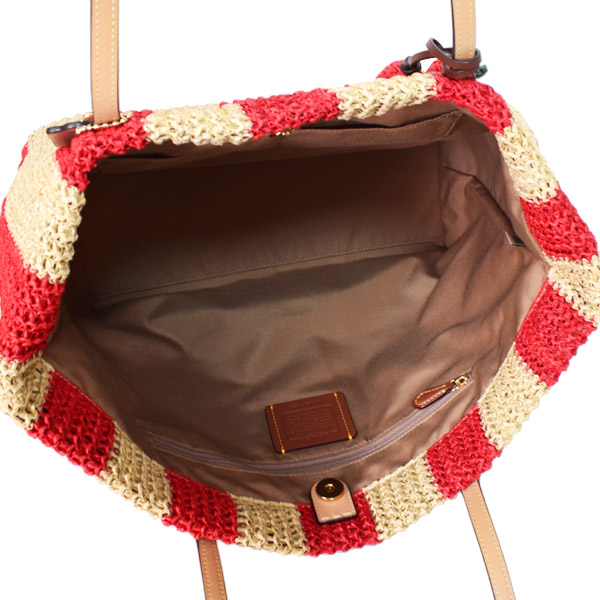 画像: 【COACH】コーチ バッグ かごバッグ ストロー レザー ストライプ シティ トート さくらんぼ チャーム付き ロゴ トートバッグ レッド×タン〔日本未発売〕