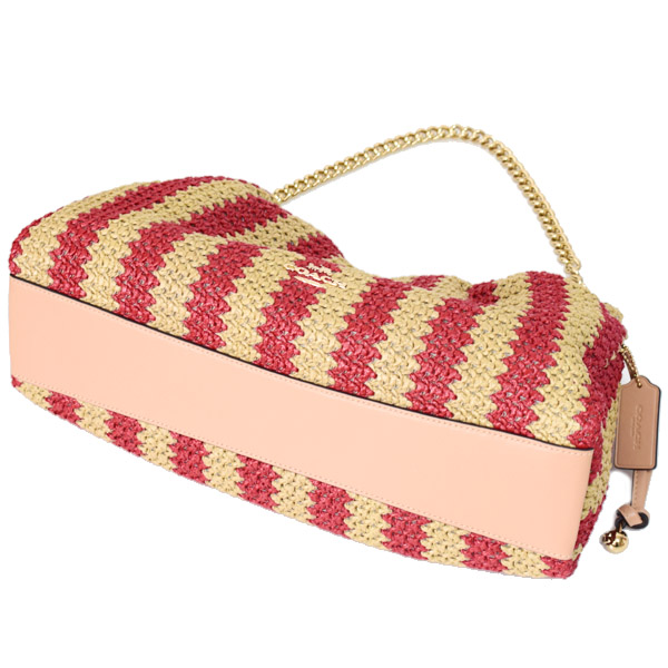 画像: 【COACH】コーチ バッグ かごバッグ 巾着 ストロー レザー ストライプ フェイ ラージ ロゴ 2WAY チェーン ショルダー クラッチ ハンドバッグ レッド×タン（日本未発売）