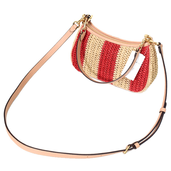 画像: 【COACH】コーチ バッグ かごバッグ ストロー レザー ストライプ テリ チャーム付き ロゴ 2way クロスボディ 斜め掛け ショルダー ハンドバッグ レッド×タン（日本未発売）