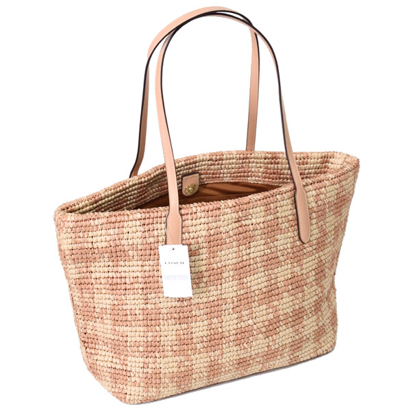 画像: 【COACH】コーチ バッグ かごバッグ ストロー レザー ギンガム チェック柄 シティ トート ロゴ トートバッグ タン〔日本未発売〕
