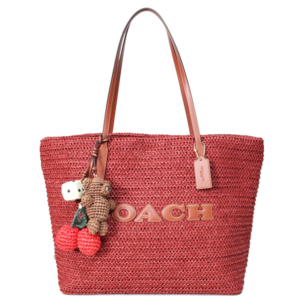 画像1: 【COACH】コーチ バッグ かごバッグ ストロー レザー ラージ シティ トート サイコロ テディベア さくらんぼ チャーム付き ロゴ トートバッグ ラシット〔日本未発売〕 (1)