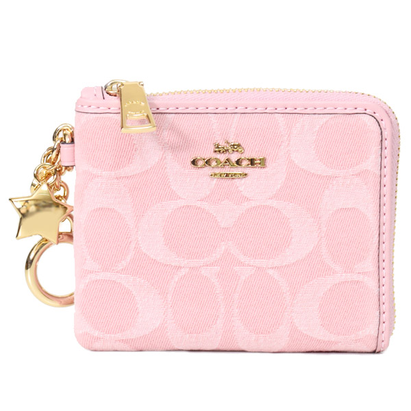 画像1: 【COACH】コーチ 財布 デニム レザー シグネチャー ロゴ キーリング チャーム付き スモール コーナー ジップ ウォレット 財布 ライトピンク〔日本未発売〕 (1)
