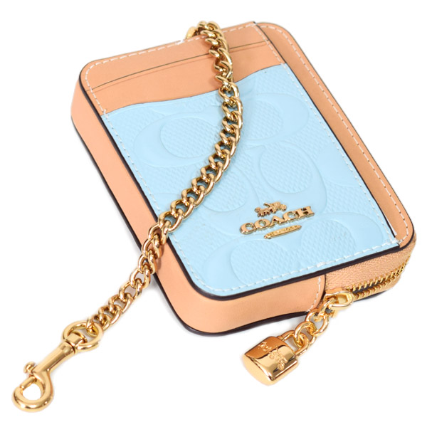 画像: 【COACH】コーチ コインケース パテントレザー シグネチャー 型押し 南京錠 チャーム チェーン ジップ カードケース カードポーチ 定期入れ 名刺入れ 小銭入れ ライトブルー（日本未発売）