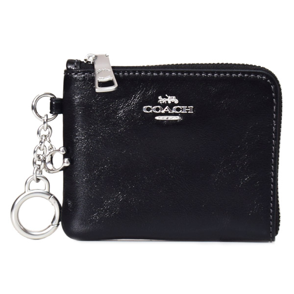 画像1: 【COACH】コーチ 財布 シャイニー スムースレザー ロゴ キーリング チャーム付き スモール コーナー ジップ ウォレット 財布 ブラック〔日本未発売〕 (1)