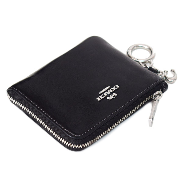画像: 【COACH】コーチ 財布 シャイニー スムースレザー ロゴ キーリング チャーム付き スモール コーナー ジップ ウォレット 財布 ブラック〔日本未発売〕