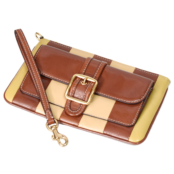 画像: 【COACH】コーチ バッグ シャイニー クリンクル レザー ストライプ パッチワーク ロゴ アシュトン リストレット フラップ ポーチ クラッチバッグ レッドウッドマルチ〔日本未発売〕